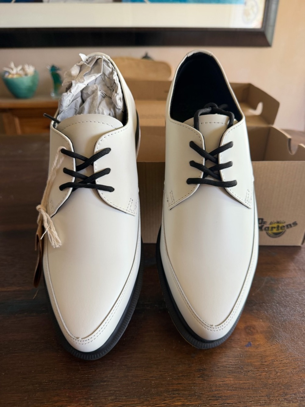 Dr. Martens Cream Leather Lace-Up Flats with Black Laces